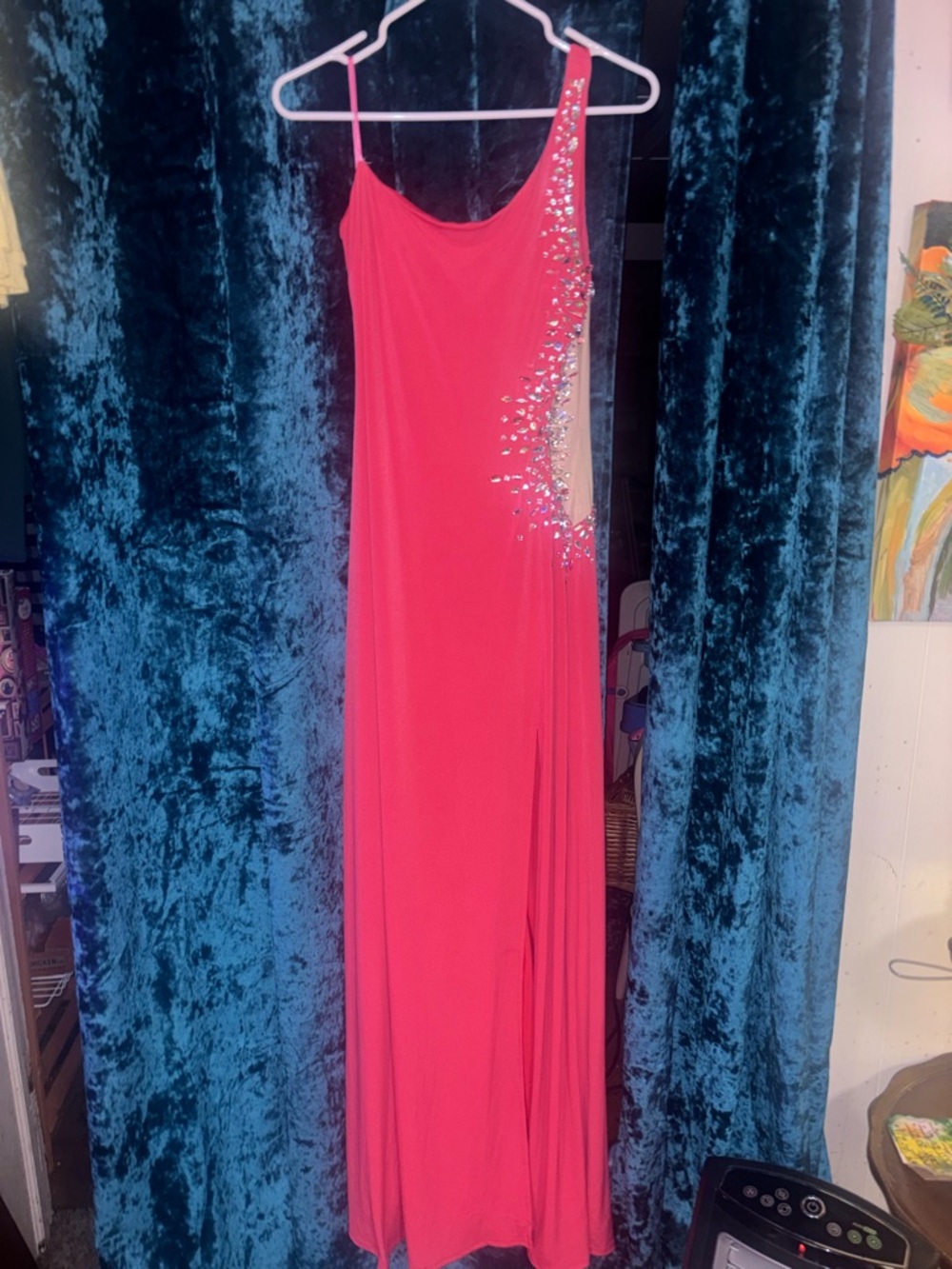 Red One-Shoulder Evening Dress with Side Crystal Accents